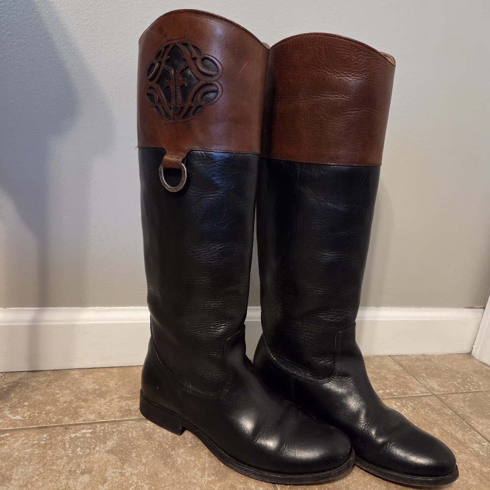FRYE Women's Melissa Logo Button Motorcycle Equestrian Black Boots Size 7 - Picture 2 of 10